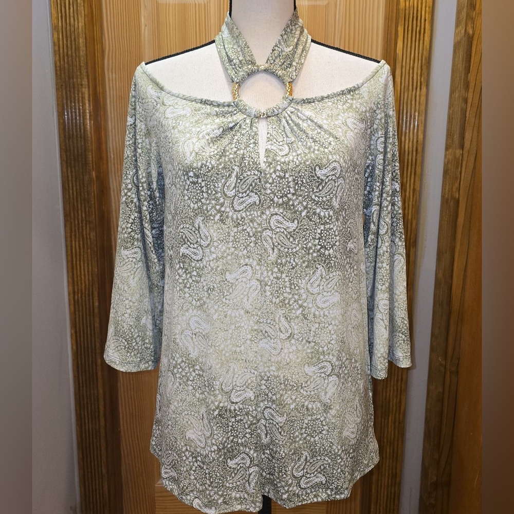 Michael Kors Women's Green Paisley Off the Shoulder Back Zip Top Blouse Size S
